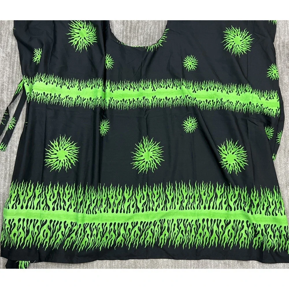 Rima Kaftan Cover Up Women OS Green Black Sunburst Flame Graphic Side Tie Poncho